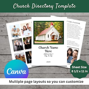 May include: A church directory template with multiple page layouts. The design includes a photo of a white church with a red steeple, family photos, and the text "Church Name Here". The sheet size is 21.59 x 27.94 cm.