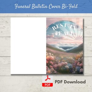 May include: Bi-fold funeral bulletin cover with a scenic landscape. The right side features a field of colorful flowers, rolling hills, and a sunrise. The words "REST IN PEACE" are in a circular design. The left side is blank.
