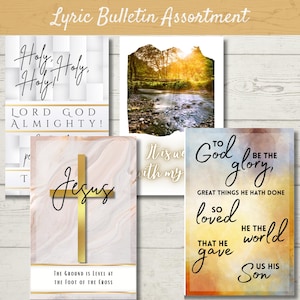 May include: A collection of religious bulletin board prints with various designs. One features a gold cross with the word "Jesus" and the text "The ground is level at the foot of the cross." Other prints include scriptural quotes.