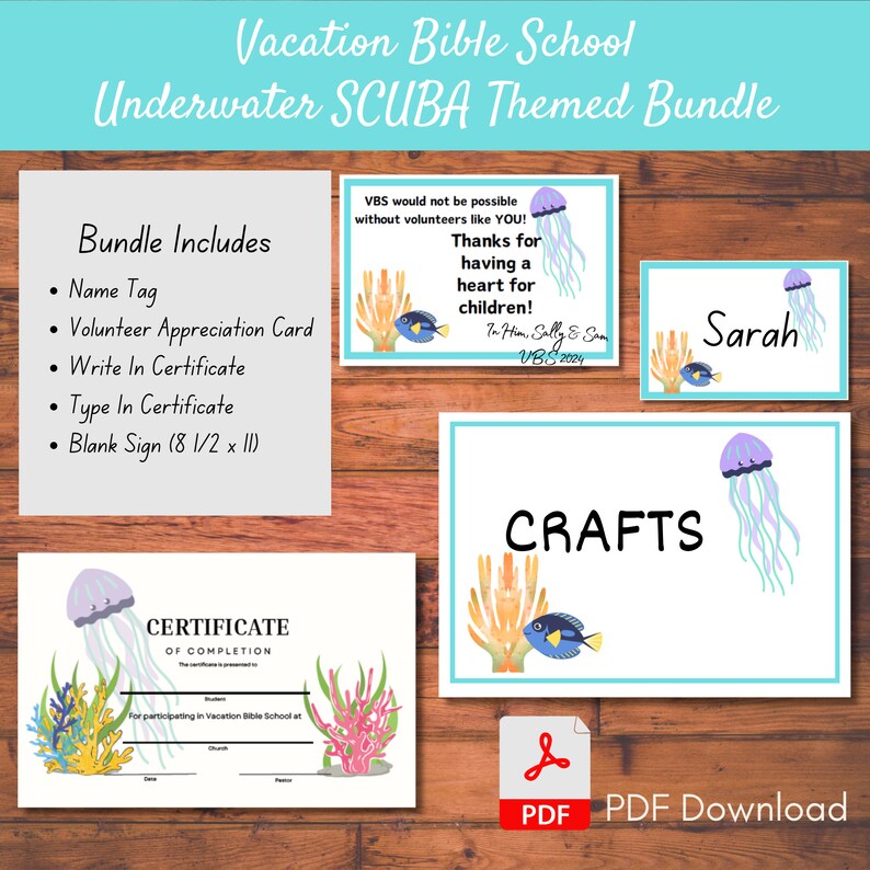 Vacation Bible School - Underwater/scuba Themed Bundle - Name Tag, Completion Certificate ...