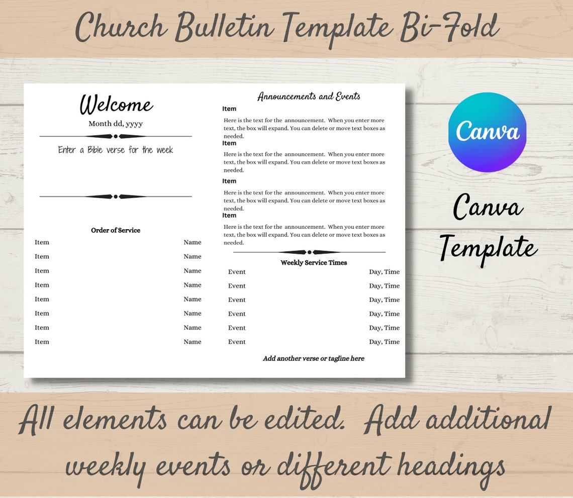 Church Bulletin Template Bifold Design Edit in Canva Etsy