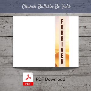 Könnte beinhalten: Eine weiße Kirchenbulletin-Vorlage mit einem vertikalen orangefarbenen und gelben Streifen auf der rechten Seite. Das Wort "FORGIVEN" ist in braunen Buchstaben auf dem Streifen gedruckt. Der Text "Church Bulletin Bi-Fold" ist oben auf der Seite gedruckt. Der Text "PDF Download" ist unter dem Bild gedruckt.