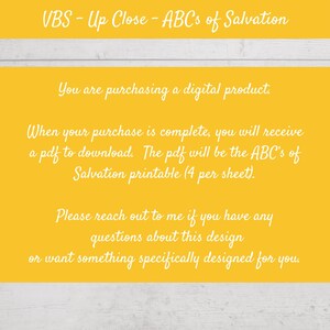 May include: A digital product announcement on a yellow background with white text. The text reads "VBS - Up Close - ABCs of Salvation" and details about a downloadable PDF. It also includes a call to contact the seller for questions or custom designs.