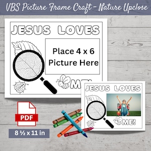 May include: A black and white printable craft for kids featuring a magnifying glass over a leaf, a ladybug, a bee, and the text "Jesus Loves" and "Place 4 x 6 Picture Here".