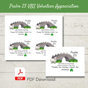 May include: White cards with the text "Psalm 23 VBS Volunteer Appreciation". Each card features a bridge illustration, a sheep, and the text "VBS would not be possible without volunteers like YOU! Thanks for having a heart for children!" and a shamrock.