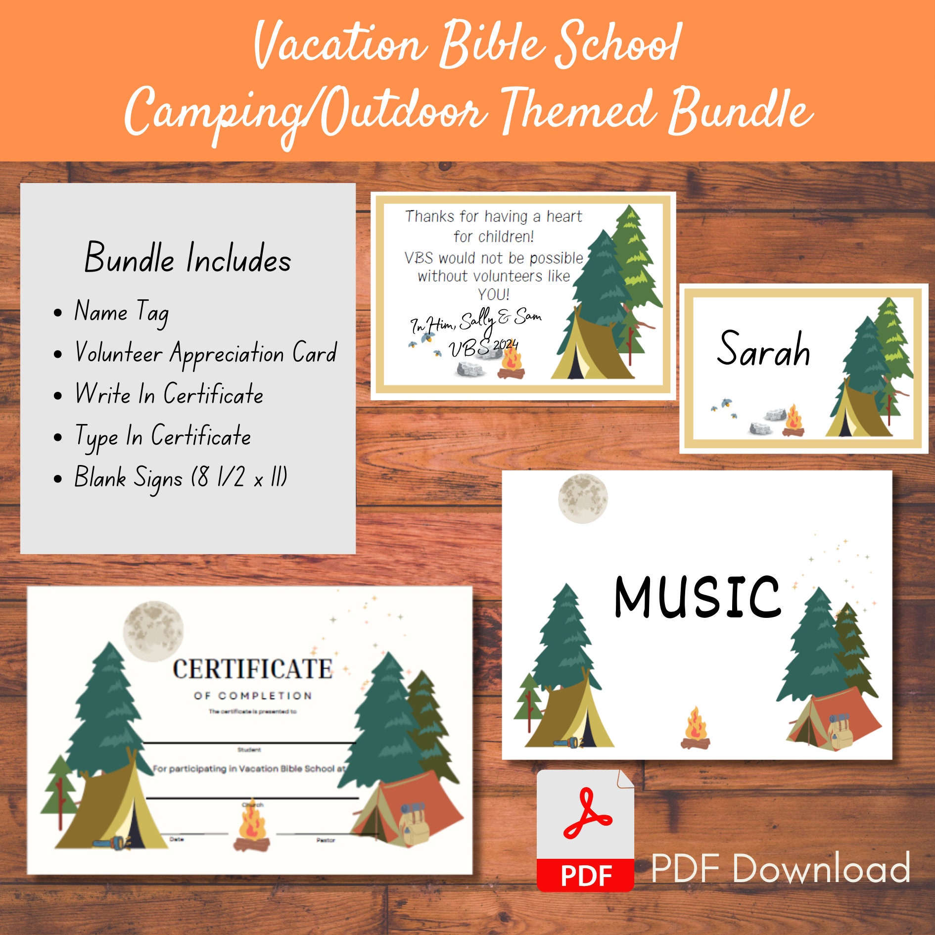 Camping VBS Printable Bundle – Name Tags, Certificates, Cards (digital ...