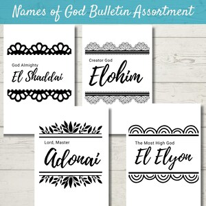 May include: A collection of white bulletin board prints with black text and decorative borders. Each print features a different name of God: El Shaddai, Elohim, Adonai, and El Elyon. The title "Names of God Bulletin Assortment" is at the top.