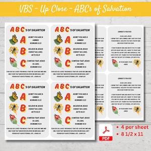 May include: Sheet of printable ABCs of Salvation cards with colorful illustrations of a butterfly, bee, and a strawberry. Each card has the text "ABC's of Salvation" and Bible verses. The sheet is 8 1/2 x 11 inches.