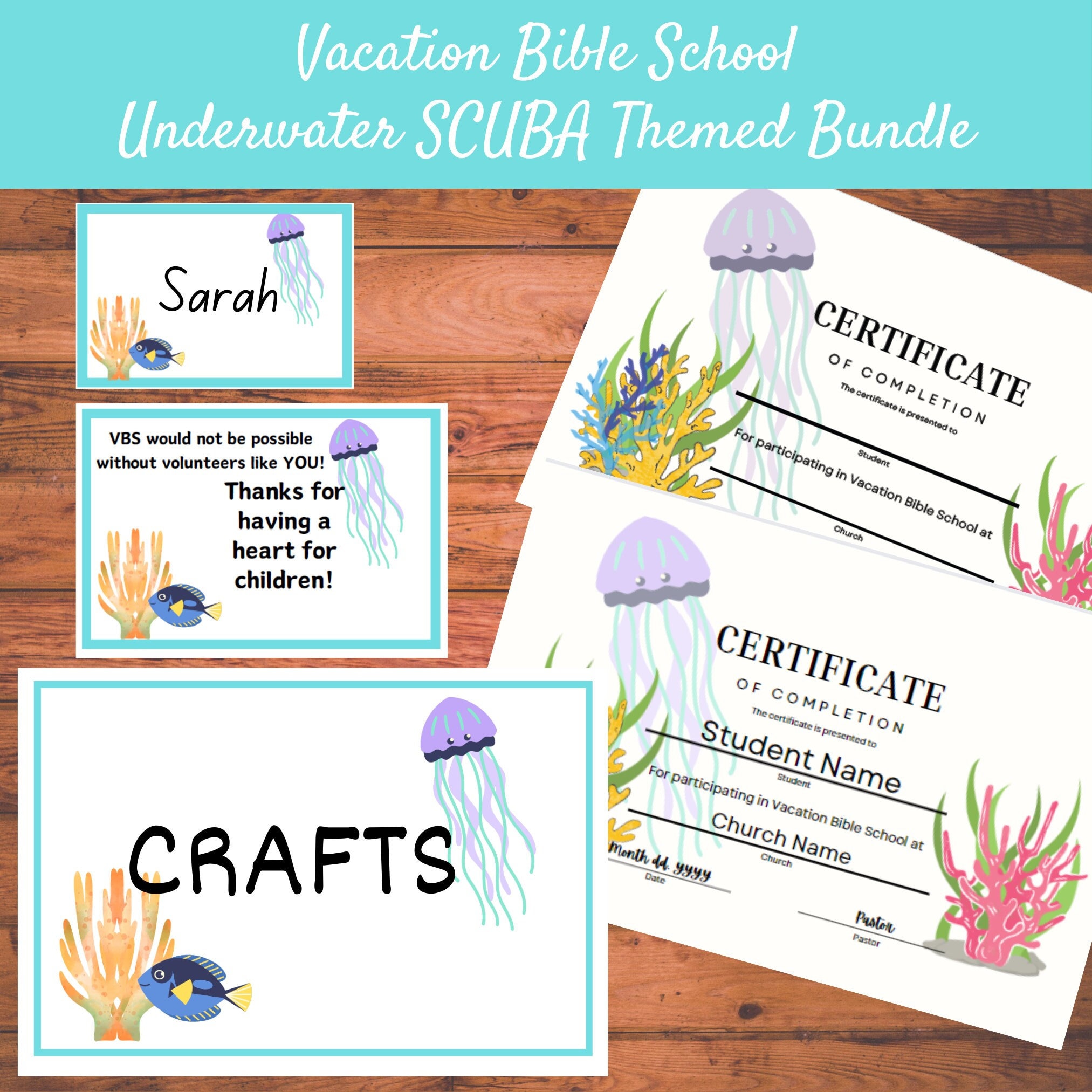 Vacation Bible School - Underwater/scuba Themed Bundle - Name Tag, Completion Certificate ...