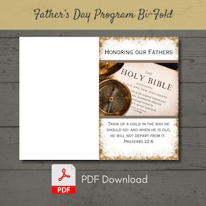 May include: Father's Day bi-fold program with the text "Honoring Our Fathers." The design features a compass, a Bible, and the scripture Proverbs 22:6. A PDF download is available.