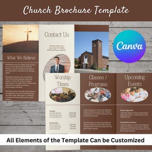 May include: A brown and white church brochure template with the title "Church Brochure Template" at the top. The brochure is divided into four sections: "What We Believe", "Contact Us", "Worship Times", "Classes/Programs", and "Upcoming Events". Each section has a different background color and includes text and images.