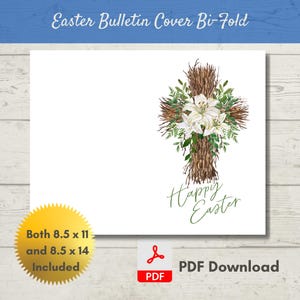 Könnte beinhalten: Weißes Oster-Bulletin-Cover mit Kreuz-Design. Das Kreuz besteht aus braunen Zweigen, grünen Blättern und weißen Lilien. Die Worte "Frohe Ostern" sind in grüner Schrift geschrieben. Enthält die Größen 21,6 x 27,9 cm und 21,6 x 35,6 cm.