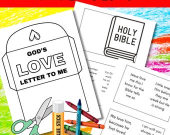 May include: A printable coloring page for kids featuring a God's Love Letter envelope, a Holy Bible, and inspirational quotes about God's love. The page includes instructions to color and cut out the envelope and glue it together.
