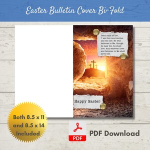 Könnte beinhalten: Oster-Bulletin-Cover-Bi-Fold mit einer Sonnenaufgangsszene und drei Kreuzen. Der Text "Jesus sagte zu ihr, Ich bin die Auferstehung und das Leben..." wird angezeigt. Enthält die Größen 21,6 x 27,9 cm und 21,6 x 35,6 cm. "Frohe Ostern" wird ebenfalls angezeigt.