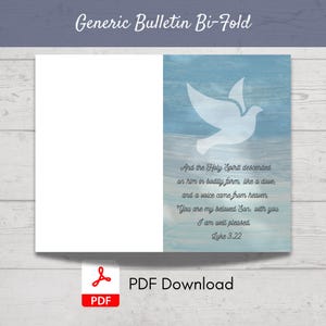 Könnte beinhalten: Ein blauer und weißer zweifarbiger Bulletin mit einer weißen Taubengrafik und dem Text "Und der Heilige Geist fuhr auf ihn herab wie eine Taube, und eine Stimme kam aus dem Himmel: 'Du bist mein geliebter Sohn, an dir habe ich Wohlgefallen gefunden.' Lukas 3,22"