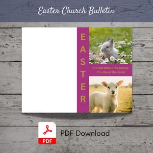 Könnte beinhalten: Ein rosa-goldener Oster-Bulletin mit weißem Hintergrund. Der Bulletin hat das Wort "EASTER" vertikal in goldenen Buchstaben auf der rechten Seite geschrieben. Der Bulletin enthält auch zwei Bilder: ein weißes Kaninchen auf einer Blumenwiese und ein weißes Lamm auf einer Graswiese. Der Text "it's not about the bunny it's about the lamb" steht unter den Bildern.