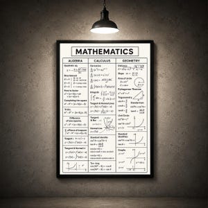 Könnte beinhalten: Ein rechteckiges gerahmtes Wandposter mit der Überschrift MATHEMATICS, das schwarzen Text und Diagramme auf weißem Hintergrund zeigt. Der Inhalt ist in drei Spalten unterteilt, die mit ALGEBRA, CALCULUS und GEOMETRY beschriftet sind.