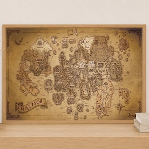 May include: A rectangular wall art print featuring a detailed fantasy map of Gielinor with a sepia-toned parchment aesthetic. The map displays various labeled regions, mountain ranges, and geographical landmarks, all enclosed within a simple wooden frame.