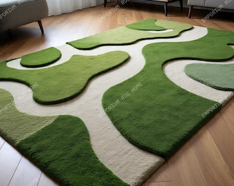 Minimalist 3D Moss Rug- Hand Tufted Green Textured, Abstract Contemporary Nature Style Decor