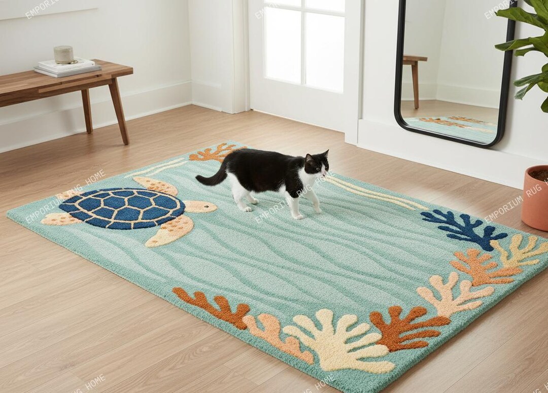 Hand Tufted Sea Turtle Wool Rug - Coastal Ocean Theme Area Carpet for ...