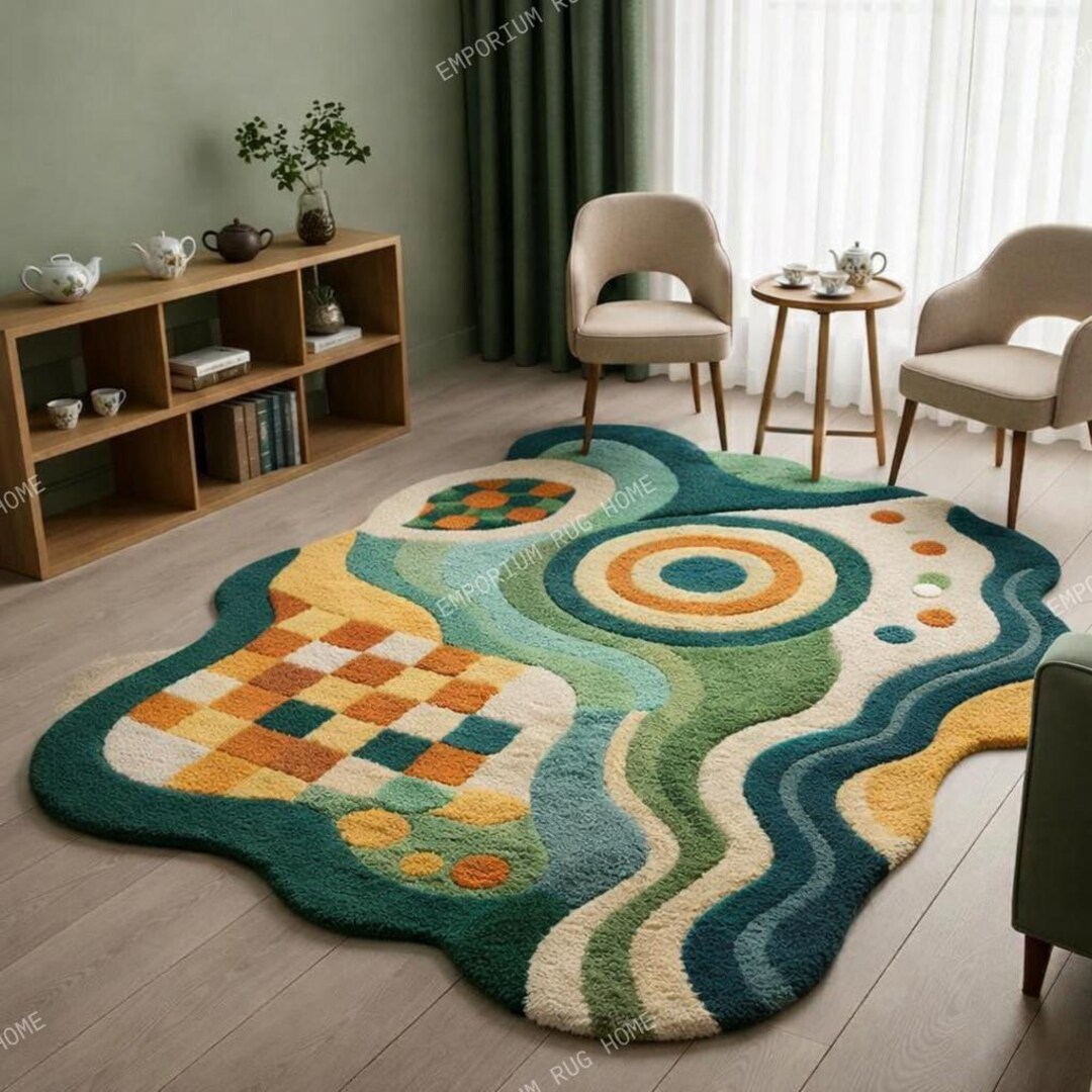 Puddle Rug Shape Modern Abstract Checkered Puddle Rug - Irregular Shaped Green, Yellow ...