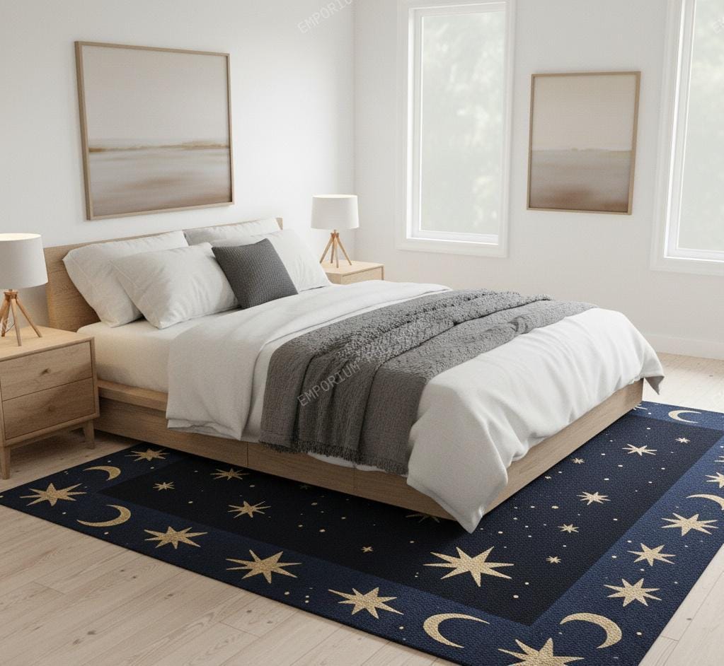 Celestial Rugs Celestial Moon and Star Wool Rug- Hand Tufted Dark Blue Navy Cosmic ...
