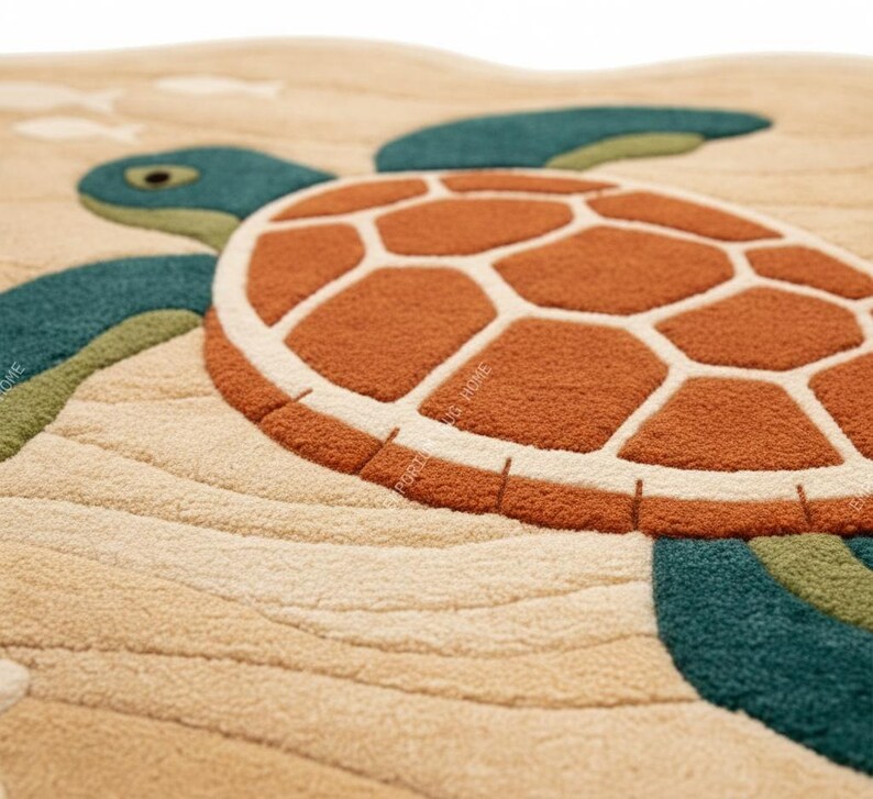 Sea Turtle Shaped Hand Tufted Wool Rug - Ocean Theme Kids Coastal Area ...