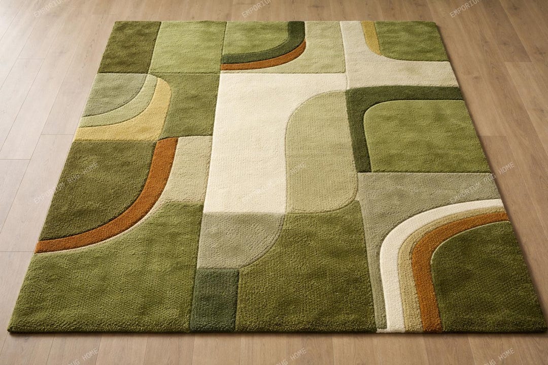 Jigsaw Abstract Block Pattern Rug Modern Green Geometric Cotton Wool Area Rug - Abstract Block Pattern ...
