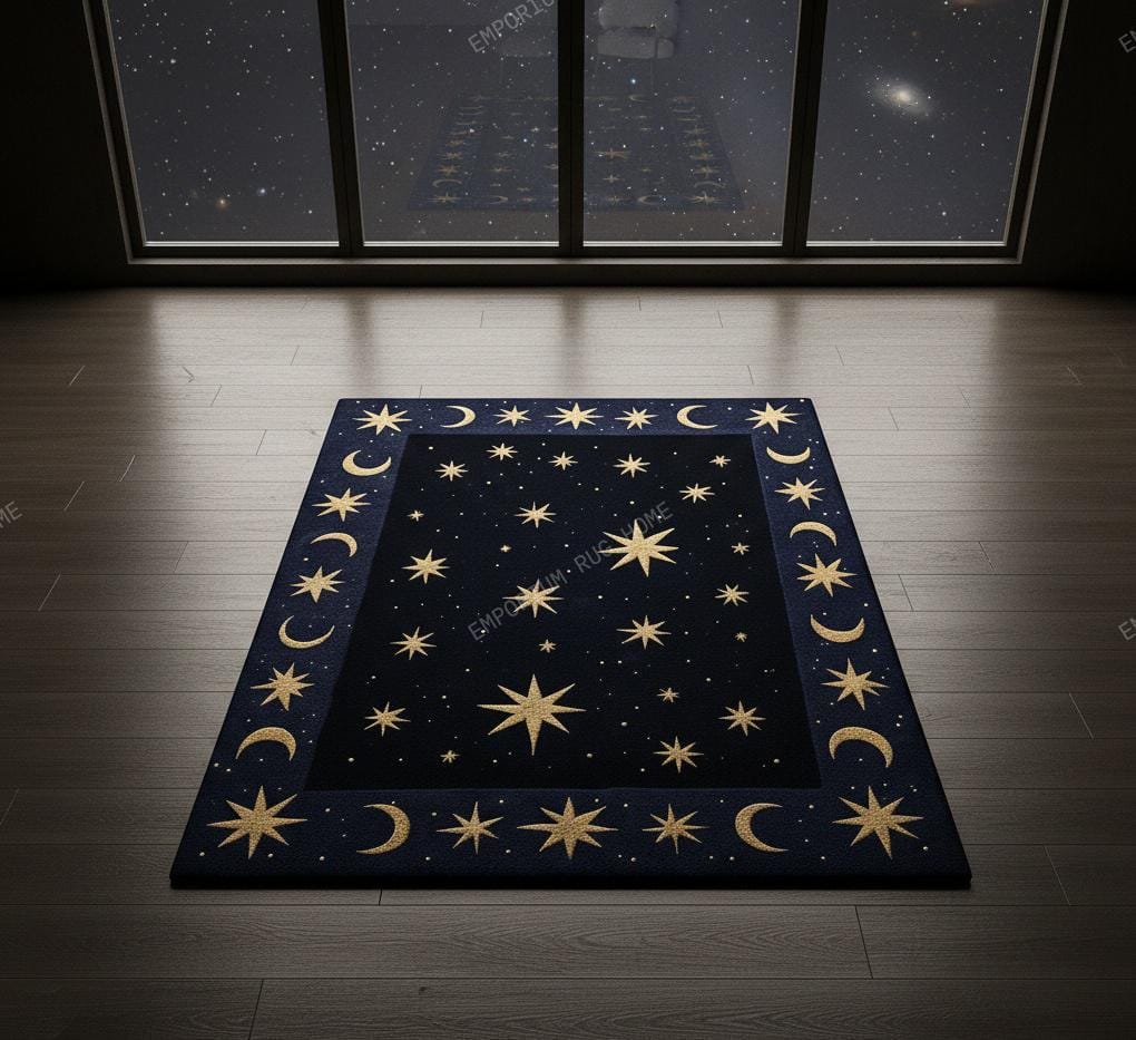 Astral Rug Pattern Celestial Moon and Star Wool Rug- Hand Tufted Dark Blue Navy Cosmic ...