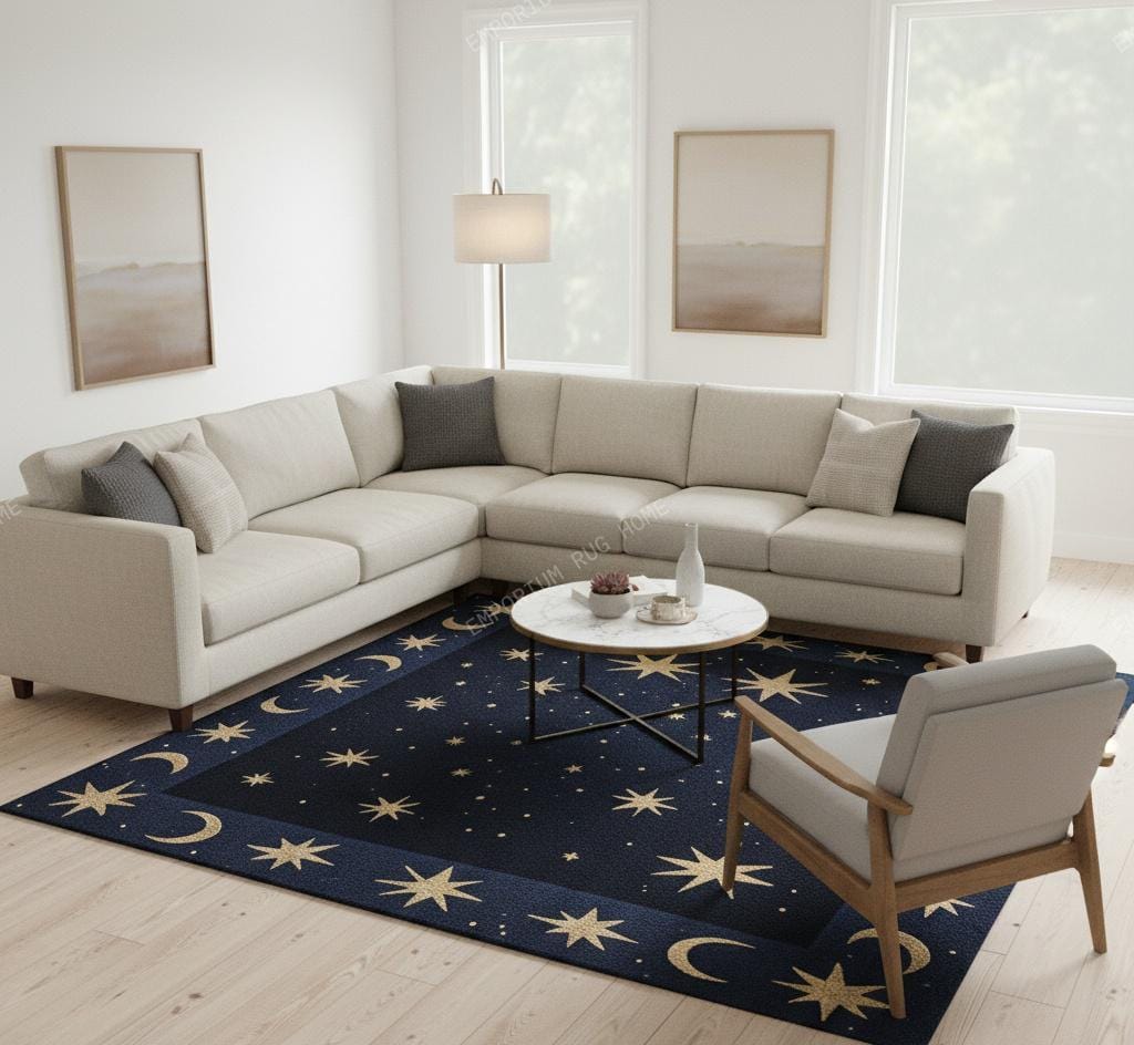 Celestial Moon and Star Wool Rug- Hand Tufted Dark Blue Navy Cosmic ...