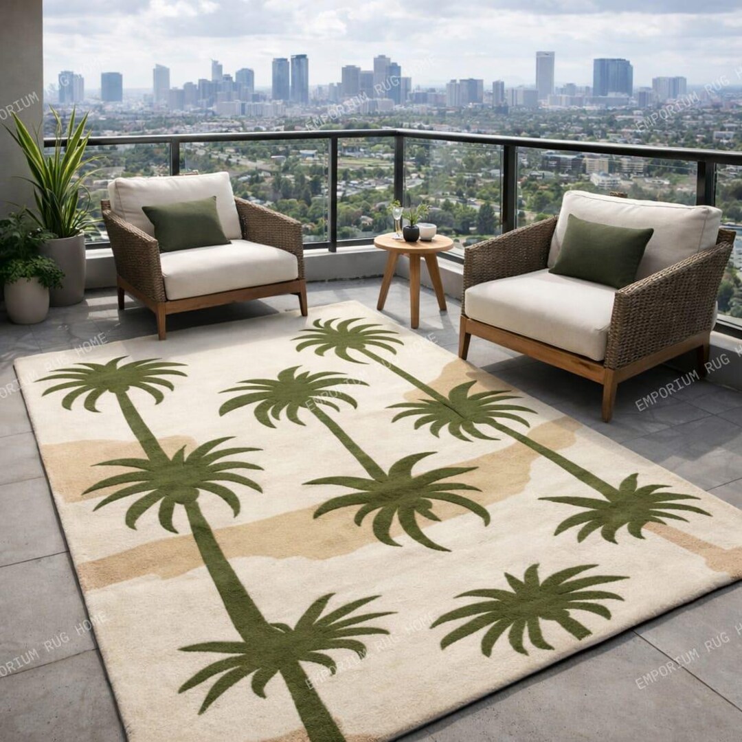Hand Tufted Tropical Palm Tree Cotton Rug- Green Botanical Pattern ...