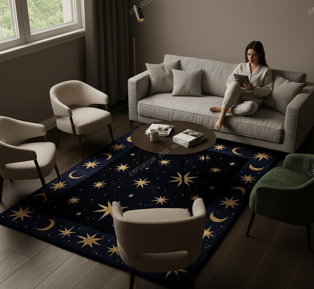 Celestial Moon and Star Wool Rug- Hand Tufted Dark Blue Navy Cosmic ...