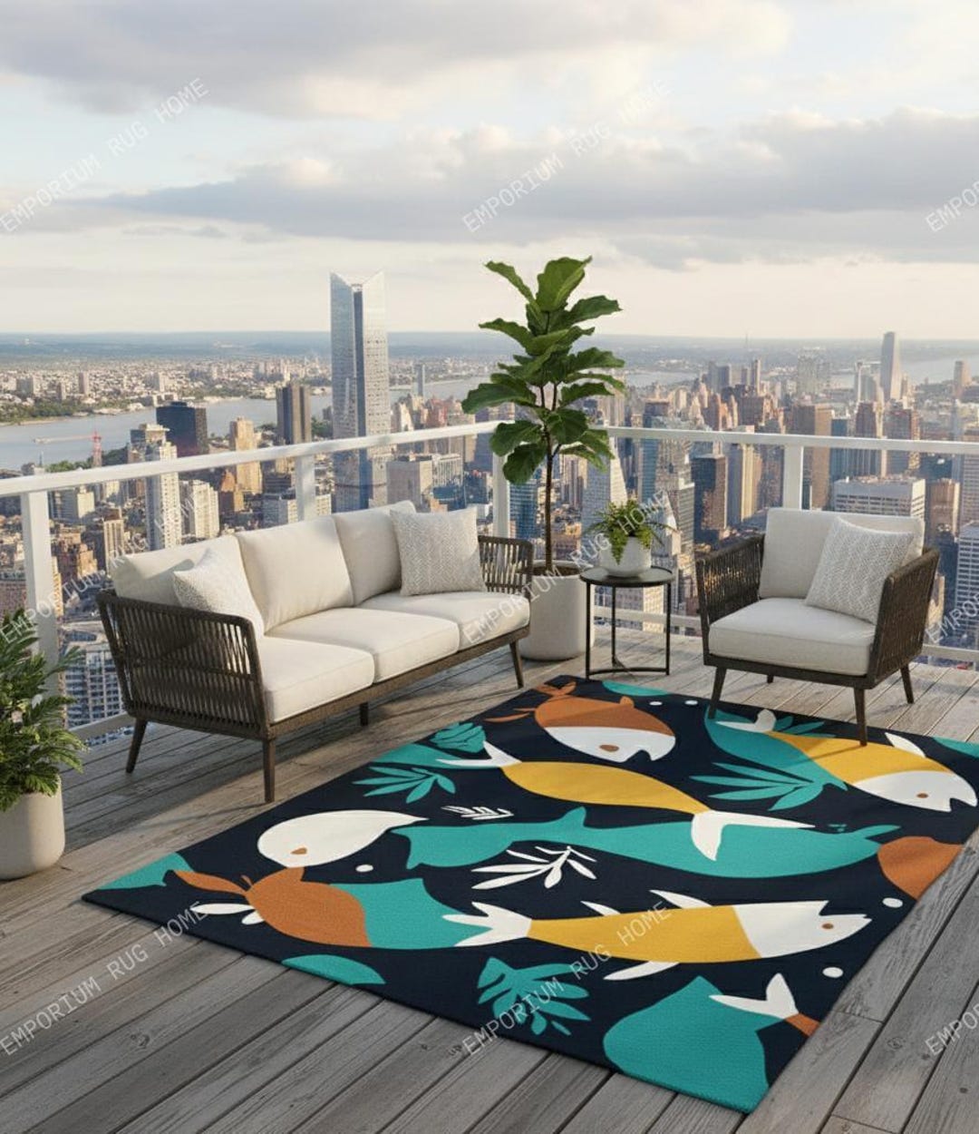 Hand Tufted Cotton Tropical Fish Pattern Rug- With Navy Blue Sea Life ...