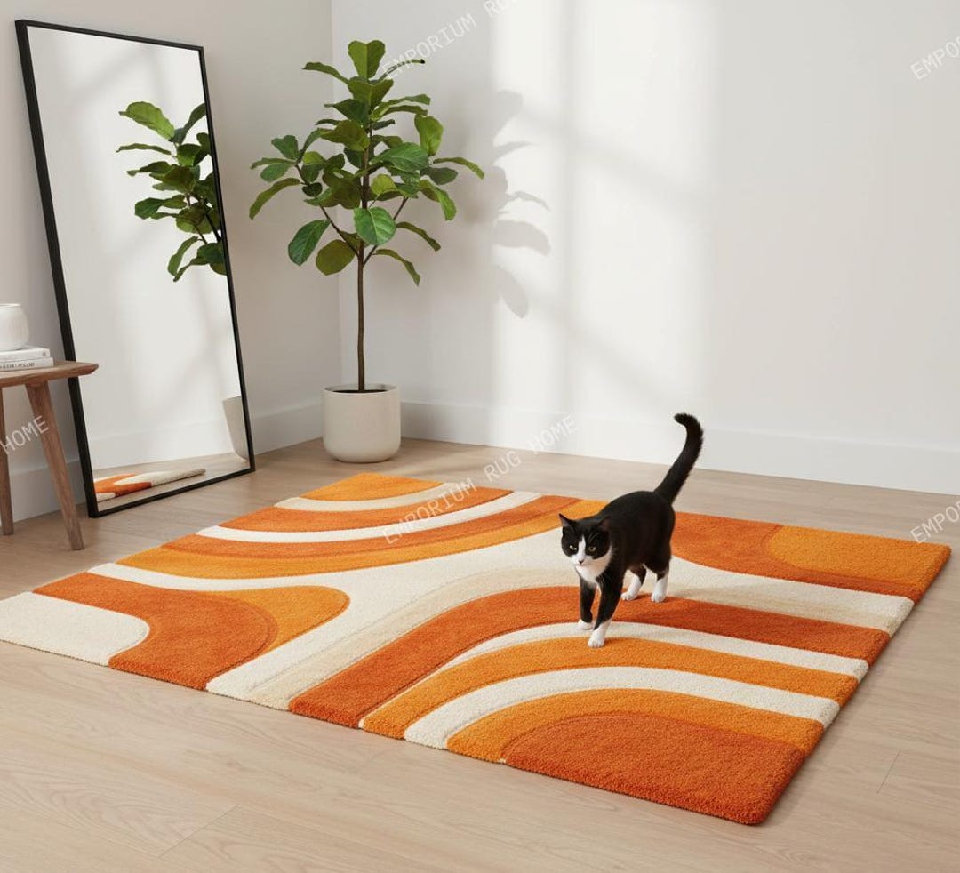 Patterned Rug Orange Modern Orange Abstract Area Rug - Hand Tufted Wavy Pattern Contemporary ...