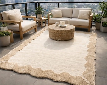 Elegant Cream Scalloped Edge Area Rug- Soft Neutral Wavy Border Minimalist Living Room Carpet