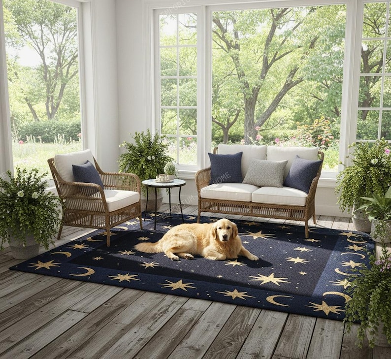 Celestial Rugs Celestial Moon and Star Wool Rug- Hand Tufted Dark Blue Navy Cosmic ...