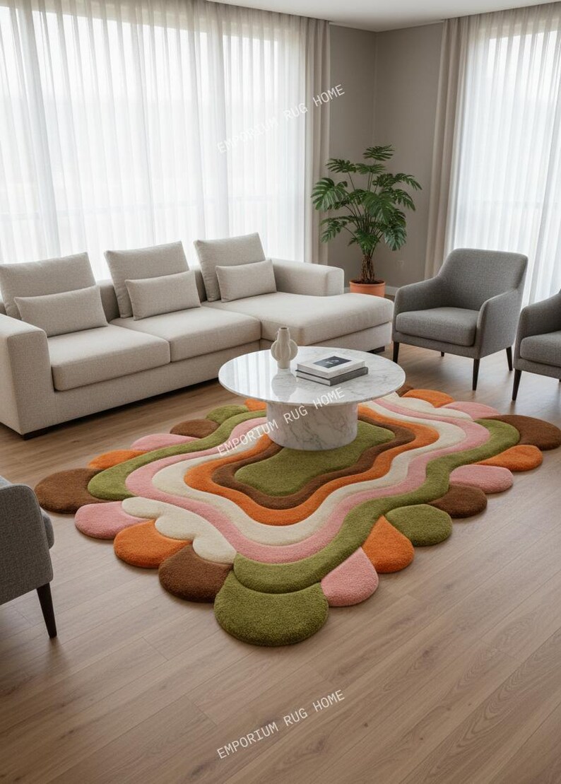 Retro 70s Abstract Scalloped Area Rug With Colorful Wavy Layers in Moss ...