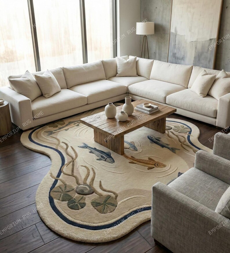 Irregular Shaped Novelty Pond Area Rug- Fish, Lily Pad, and Water Theme ...