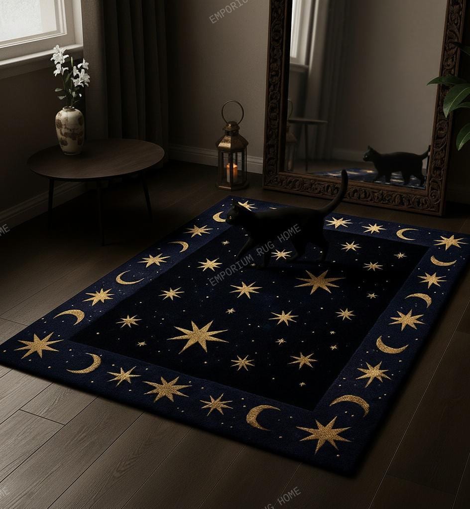 Astral Rug Pattern Celestial Moon and Star Wool Rug- Hand Tufted Dark Blue Navy Cosmic ...