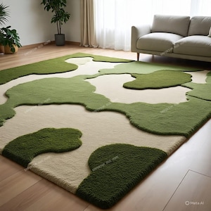 May include: A large, abstract area rug with a unique design. The rug features a cream-colored base with irregular, organic shapes in varying shades of green. The rug is placed on a hardwood floor in a well-lit room, with a sofa and plants in the background.