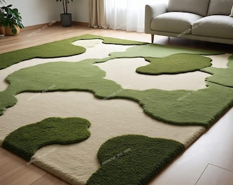 Abstract Green Moss Rug - Rectangular Hand Tufted Wool Area with 3D Textured pattern Carpet