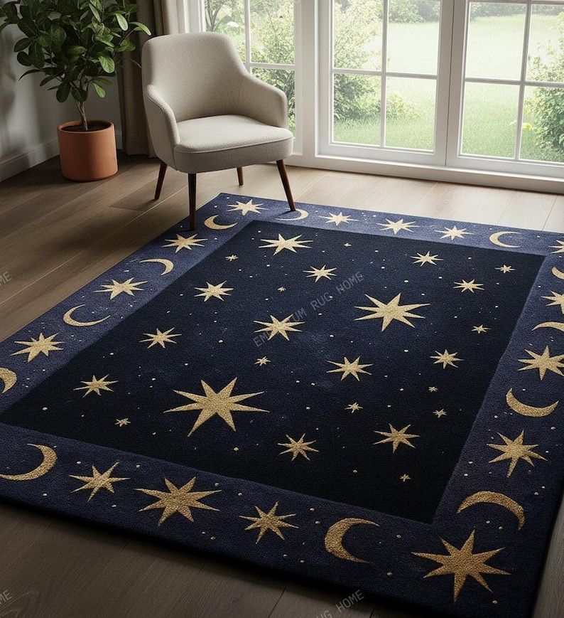 Astral Rug Pattern Celestial Moon and Star Wool Rug- Hand Tufted Dark Blue Navy Cosmic ...