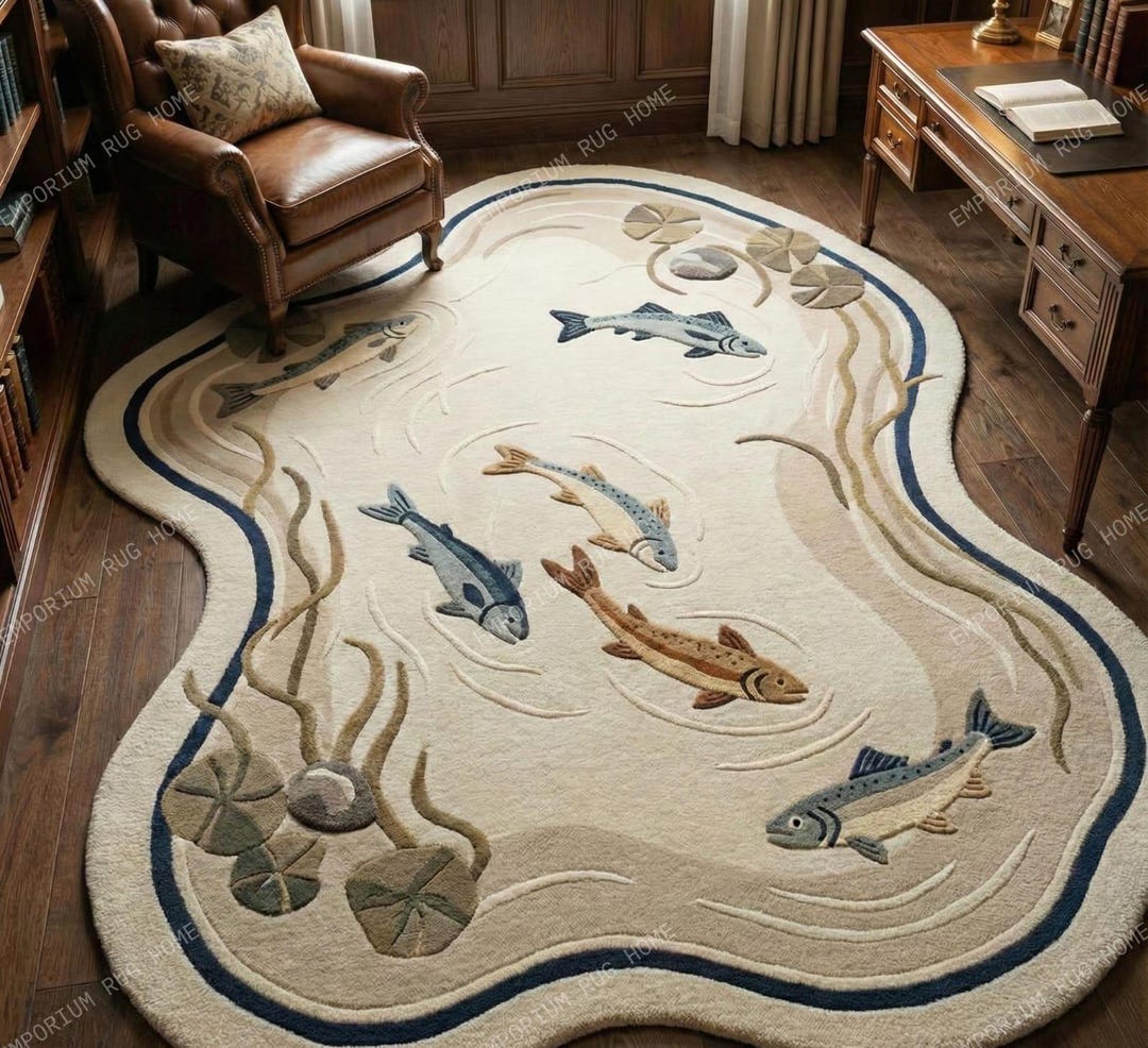 Whimsy Fish Rugs Irregular Shaped Novelty Pond Area Rug- Fish, Lily Pad, and Water Theme ...