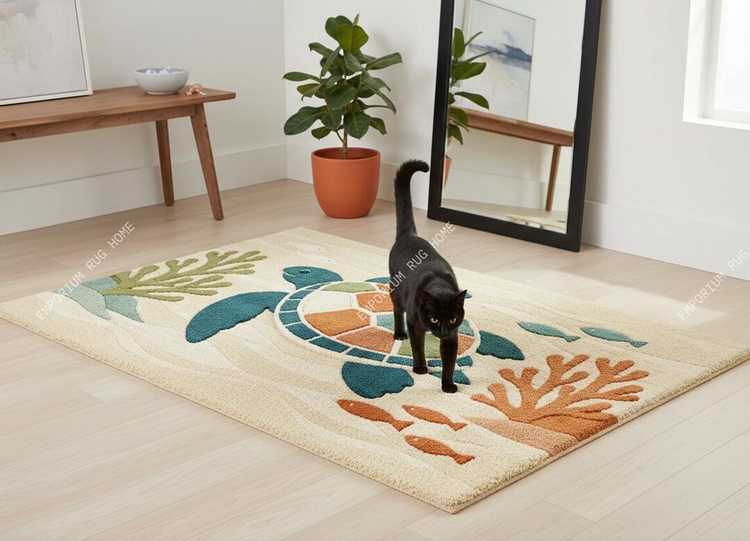 Turtle Rug Temu Hand Tufted Sea Turtle Wool Rug - Ocean Theme Coastal Area Carpet for ...