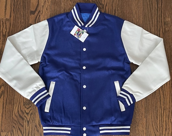 Blue and White UNISEX Varsity Jackets Leather Sleeves and Wool Body