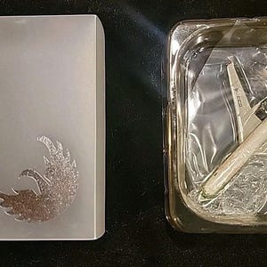 Pode incluir: Um modelo de avião prateado dentro de um recipiente de plástico transparente, ao lado de uma caixa branca com um emblema prateado. O avião tem asas e lemes. A caixa tem uma aparência fosca.