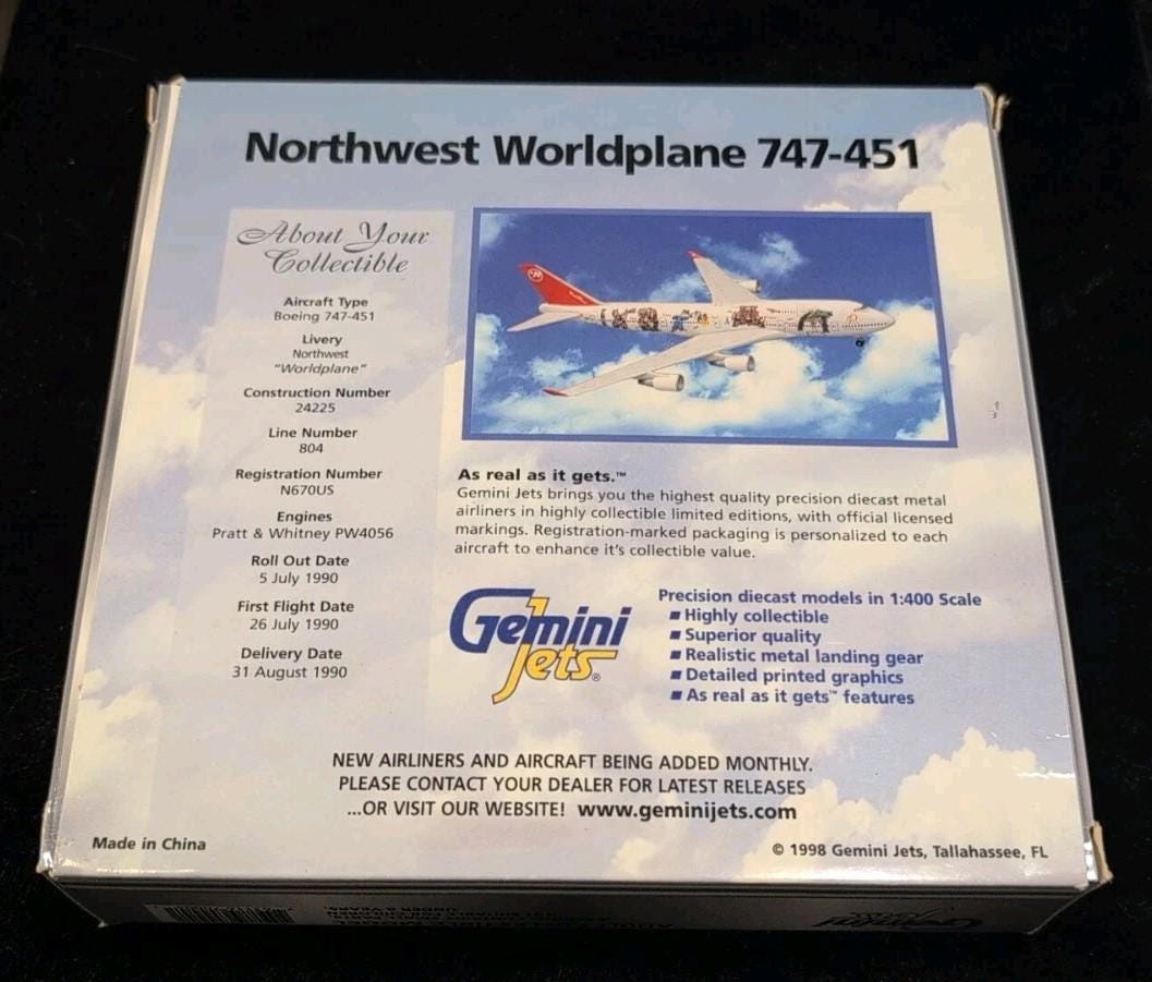 Gemini Jets Northwest Worldplane 747-451 GJNWA006 1:400 - Old
