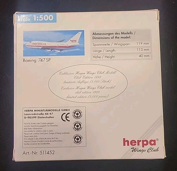 Herpa Wings Club Edition Boeing 747SP 1/500 Plane - 511452 Old