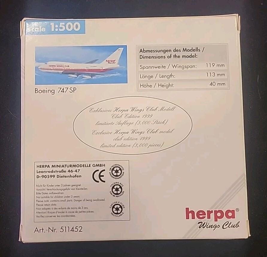 Herpa Wings Club Edition Boeing 747SP 1/500 Plane - 511452 Old