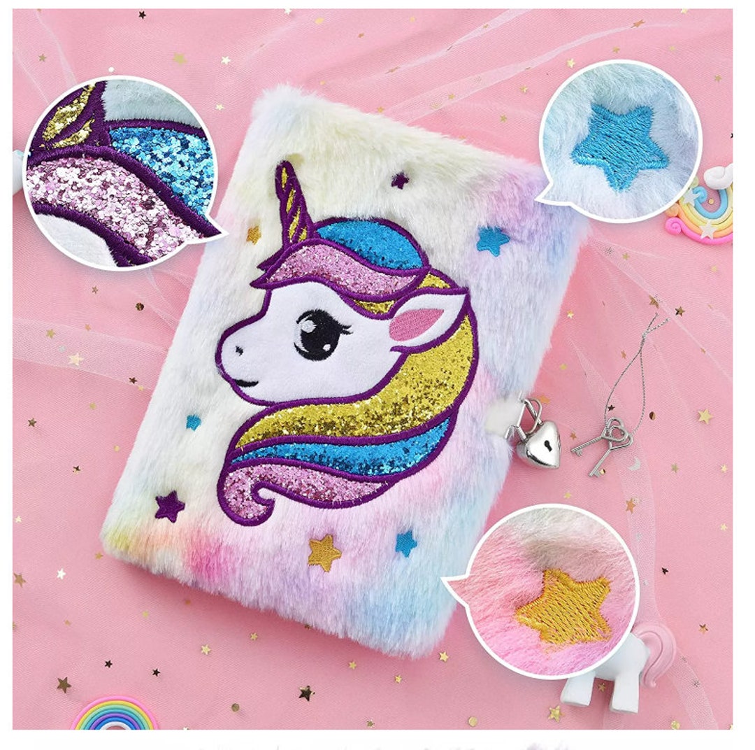 Kids Unicorn Diary With Lock and Key,tiedye Fuzzy Journal for Girls
